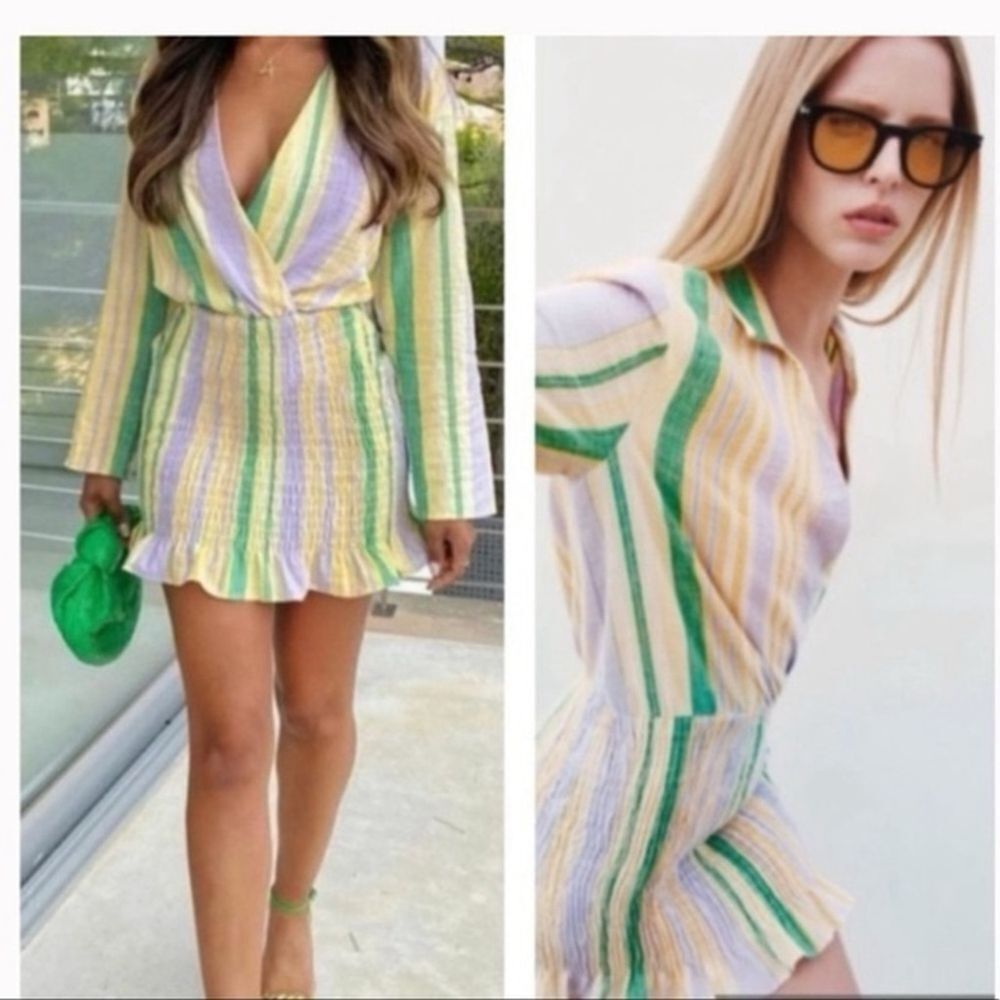 NWT ZARA Cotton Multicolor Stripe Double Breasted Valery Long Sleeve Mini Dress